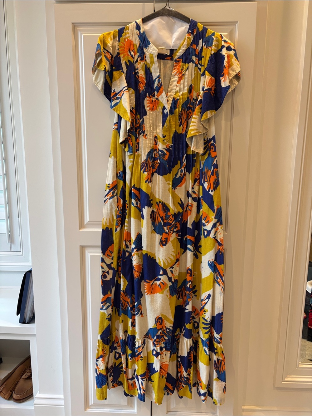 Anthropologie Floral Flutter Sleeve Maxi Dress in Navy, Mustard & White